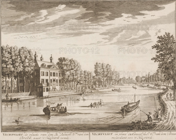 Vechtvliet, the place of Mr. Councillor Wm. van den Broek, looking towards Hofwerk, the place of the councillor Mr. Gme. van den Broek, View of Vechtvliet on the Vecht, print, book illustration, Series number, 39, 98, printmaker: Daniël Stopendaal, publisher: widow Nicolaes Visscher (II), Amsterdam, 1719, paper, etching, height 172 mm x width 221 mm, A detailed ink engraving shows a river scene with boats on calm water, some carrying seated passengers and others being rowed, while a swan floats nearby. On the left bank a large multi-story house with chimneys and dormer windows is set among tall trees, with a small building on the water's edge. Trees and smaller houses line both banks, and figures are visible walking along the shore and fishing from the bank. In the sky there are layered clouds and flocks of birds, and the composition is framed by ornate foliage at the edges.