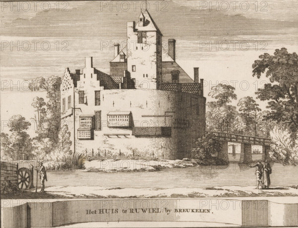 View of Ruwiel Castle near Breukelen, The house at Ruwiel, by Breukelen, print, book illustration, printmaker: Jacobus Schijnvoet, publisher: Pieter de Coup, Amsterdam, 1711, paper, etching, height 138 mm x width 178 mm, A detailed ink drawing of a large fortified building with stepped gables, tall chimneys, and a central tower rising above sloped roofs, surrounded by trees and vegetation; the building sits behind a curved defensive wall with small rectangular openings and protruding windowed structures, and a bridge with supporting arches extends nearby over water; in the foreground two small human figures stand by the water’s edge and another pair walk together, while a person stands by a large wheel on the left, and finely hatched horizontal lines fill the sky.