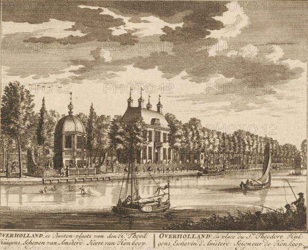 Overholland, the country estate of Mr. Theodore Huigens, alderman of Amsterdam: Lord of Honkoop, the estate of Mr. Theodore Huigens, View of the country estate Overholland near Breukelen, print, book illustration, Series number, 42, 98, printmaker: Daniël Stopendaal, publisher: widow Nicolaes Visscher (II), Amsterdam, 1719, paper, etching, height 163 mm x width 201 mm, A detailed monochrome engraving shows a riverside scene with a domed pavilion on the left and a multi-story house with a steep roof and small turrets nearby, both set among rows of tall trees and hedges; a stone balustrade and stairs lead down to the water where several small boats and a sailing vessel float, one boat near the foreground carrying figures and a mast; swans and other waterfowl glide on the river surface; a figure fishes from the near bank while other small human figures walk or stand along the riverside paths; the sky above is filled with textured clouds and a few birds in flight.