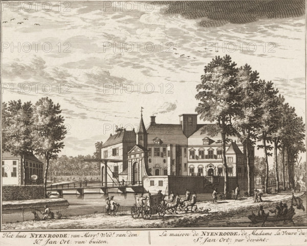 View of Nijenrode Castle near Breukelen, The house Nyenrode: of Mrs. widow of Mr. Jan Ort: from the outside, La maison de Nyenrode, de madame la veuve du sr. Jan Ort: par devant, print, book illustration, Series number, 28, 98, printmaker: Daniël Stopendaal, publisher: widow Nicolaes Visscher (II), Amsterdam, 1719, paper, etching, height 163 mm x width 205 mm, An engraved riverside scene shows a large multi-winged building with varied rooflines, chimneys, a small tower with a flag, arched entrances, and many windows; trees flank the building and rise above its roofs; a bridge spans the water in front of the building with figures crossing; in the foreground a horse-drawn carriage moves along the road and people walk and converse nearby; on the water near the shore a man sits in a small boat while another boat with seated figures floats close by; the sky is filled with horizontal cloud lines and scattered small flying birds.