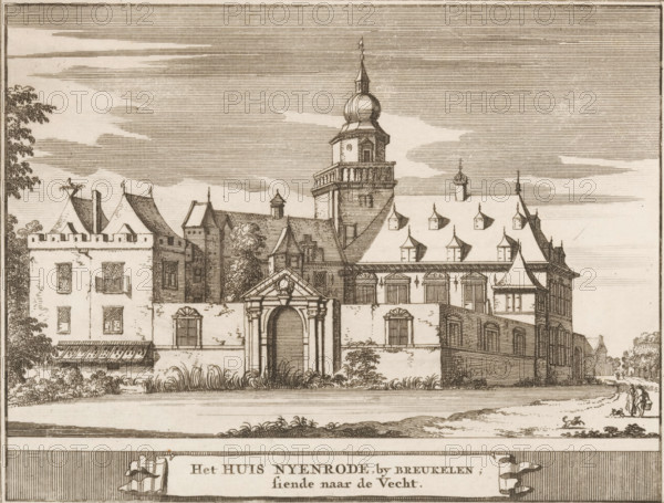 View of Nijenrode Castle near Breukelen, The house Nyenrode, by Breukelen, looking towards the Vecht, print, book illustration, printmaker: Jacobus Schijnvoet, publisher: Pieter de Coup, Amsterdam, 1711, paper, etching, height 132 mm x width 171 mm, An engraved view of a large manor-like building with varied rooflines and architectural details, including a prominent central tower topped with a bulbous dome and a small spire, rows of dormer windows on steeply pitched roofs, and a fortified-looking section with crenellations and narrow windows. The façade shows an arched entrance framed by classical columns and a pediment, paneled windows with shutters, and decorative stonework. Trees and bushes sit alongside the building and behind a low wall, while ornamental grasses grow in the foreground. The sky is filled with closely spaced horizontal lines suggesting cloud patterns, and a few small human figures and a dog appear near the right edge. The scene is rendered in sepia-toned line engrav...