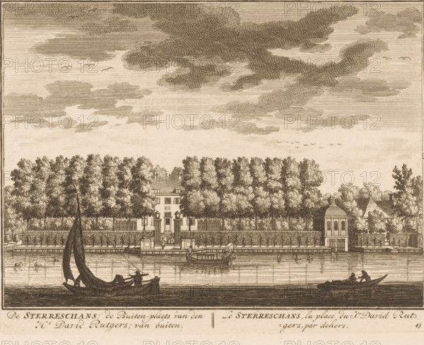 De Sterreschans, de Buiten-plaets van den Hr. David Rutgers, van buiten, Le Sterreschans, la place du Sr. David Rutgers, par dehors, Buitenplaats de Sterreschans aan de Vecht, print, Series number, 43, printmaker: Daniël Stopendaal, publisher: widow Nicolaes Visscher (II), 1719, paper, etching, height 158 mm x width 203 mm, A horizontal engraving shows a river in the foreground with small boats and figures rowing, one boat with a large billowing sail and another with two people seated; swans and waterfowl float on the water. A stone quay with steps and ornamental posts lines the river, leading to a gated entrance flanked by trees and hedges. Behind the trees a multi-story building with a central doorway and symmetrical windows is visible, partially hidden by a dense row of tall, leafy trees. To the right of the main house a smaller pavilion-like structure with a domed roof stands near the water. The sky above is filled with layered, textured clouds and scattered flocks of birds.