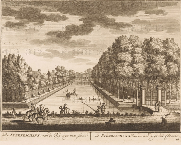 De Sterreschans, seen from the Ry-weg, Le Sterreschans, Vuüe du côte du grand Chemin, Country estate De Sterreschans seen from the road, print, Series number, 44, printmaker: Daniël Stopendaal, publisher: widow Nicolaes Visscher (II), 1719, paper, etching, height 158 mm x width 203 mm, A sepia-toned engraved scene showing a long rectangular canal lined with trees on both sides, a small pavilion at the far end of the canal, and several figures engaged in activities along the water and banks. Boats with people sit on the canal, some swans or waterfowl glide on the surface, and a person fishes from the right bank. Tall trees form a dense avenue on the right side while smaller planted trees and hedges line the left. In the foreground a pair of riders on horseback move along a path, nearby a walking child and standing adults are visible. On the right near an ornate gated entrance two figures stand and converse. Above, a sky with textured clouds fills the upper portion of the image and a sma...