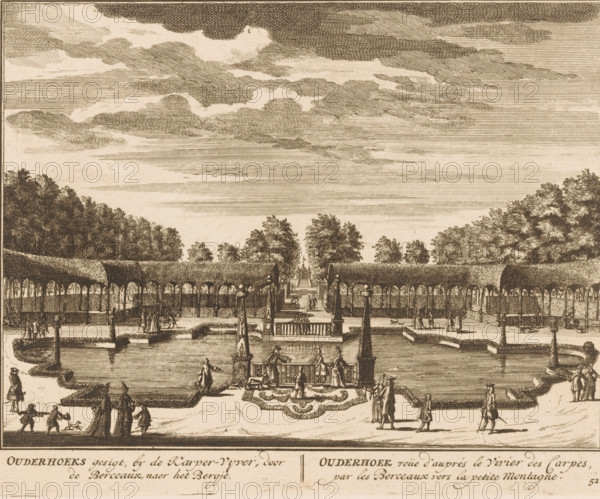 Ouderhoeks view, by the Karper-Vyver, through the Berceaux, towards the Bergje, Ouderhoek view of the Vivier des carpes, by the Berceaux versus the petite Montagne, View of the carp pond of the Ouderhoek house, print, Series number, 52, printmaker: Daniël Stopendaal, publisher: widow Nicolaes Visscher (II), 1719, paper, etching, height 160 mm x width 202 mm, A wide engraved scene shows a formal garden with rectangular water basins, low hedges, and sculpted topiary. A central stone balustrade and steps lead from a raised terrace down toward a fountain and a pool where a small boat is moored. Figures in period clothing stroll along paths, stand near the water, and converse on steps and terraces. Arched trellis structures line both sides of a long walkway that extends toward a distant tree-lined avenue. Tall trees frame the background beyond the terraces and trellises, and a sky filled with layered clouds stretches overhead.