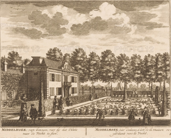 View of Middelhoek with garden, Middelhoek, from the inside, in front of the House to be seen towards the Vecht, par dedans, á côte de la maison regardant vers le Vecht, print, Series number, 55, printmaker: Daniël Stopendaal, publisher: widow Nicolaes Visscher (II), 1719, paper, etching, height 160 mm x width 206 mm, A monochrome engraving shows a large house with shuttered windows and a small balcony, a decorative pediment above the roofline, and a tiled roof; in front of the house a formal garden features ornate patterned flowerbeds, a straight path, low hedges, and several potted plants; tall trees form a dense line behind the garden and extend across the scene; people in period dress walk along the paths and stand near the hedges, some accompanied by small dogs; a low fence and gate separate the garden from the tree line, and a small sailboat is visible beyond the trees; the sky is filled with layered, textured clouds and a few birds.
