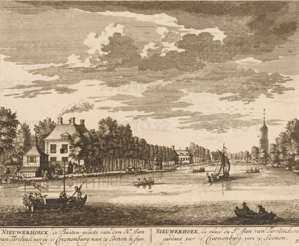 House Nieuwerhoek on the Vecht, Nieuwerhoeck, the country estate of Mr. Jan van Tarelink seen past (1) Croonenburg towards (2) Loenen, Nieuwerhoek, the place of Mr. Jan van Tarelink, regardant par (1) Croonenburg, vers (2) Loenen, print, Series number, 57, printmaker: Daniël Stopendaal, publisher: widow Nicolaes Visscher (II), 1719, paper, etching, height 162 mm x width 202 mm, A wide horizontal scene shows a river with several small boats and figures rowing or standing, a larger boat with people near the left foreground, and another small boat with two seated figures in the right foreground; along the far bank there are rows of trees, a cluster of buildings including a multi-story house with chimneys and a smaller turreted structure, and a tall tower with a spire rising above the treeline toward the right; the sky above is filled with layered, hatched clouds and open areas of lighter sky.