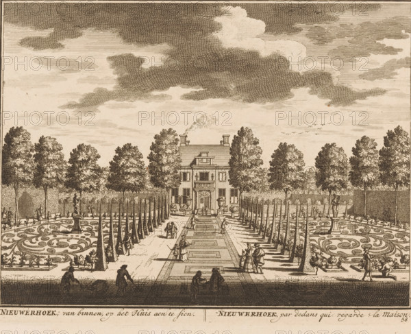 Nieuwerhoek, from the inside, to be seen of the House, by those inside looking at the house, View of House Nieuwerhoek, print, Series number, 58, printmaker: Daniël Stopendaal, publisher: widow Nicolaes Visscher (II), 1719, paper, etching, height 157 mm x width 202 mm, A detailed etching shows a formal garden leading to a large rectangular house flanked by tall trees, with rows of trimmed trees and patterned parterres on either side of a central path. The sky above is filled with crosshatched clouds. The house has a symmetrical facade with a central doorway, windows, a balcony, and chimneys with a wisp of smoke. Sculpted urns and statues appear near the entrance and within the garden beds. People in period dress are scattered along the path and near the parterres, some walking in pairs, others standing or seated, and a figure on horseback is visible at the right edge. In the foreground three figures sit at the base of the scene, and two figures push a wheelbarrow along the front border...