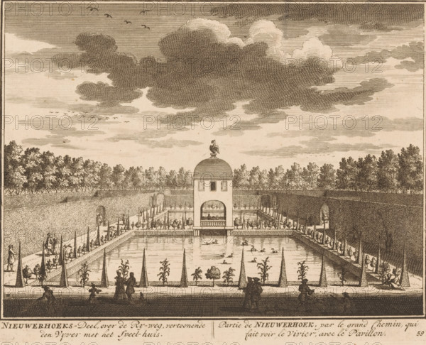 Nieuwerhoeks-Deel, over de Ry-weg, vertoonende den Vijver met het Speel-huis, Partie de Nieuwerhoek, par le grand Chemin, qui fait voir le Vivier, avec le Pavillon, Gezicht op de vijver van huis Nieuwerhoek, print, Series number, 59, printmaker: Daniël Stopendaal, publisher: widow Nicolaes Visscher (II), 1719, paper, etching, height 159 mm x width 202 mm, A sepia-toned engraving shows a formal garden with a rectangular reflective pool bordered by low walls and rows of cone-shaped topiaries and small planted shrubs, with several ducks visible on the water. At the far end of the pool stands a pavilion with a rounded domed roof topped by a sculpted bird, an arched opening at ground level and small windows above, flanked by colonnaded walkways and planted beds. Figures in period dress stroll along pathways beside the pool and near the pavilion, some seated and some standing in small groups. Tall hedges and rows of trees form a dense boundary behind the pavilion, and the sky above features ...