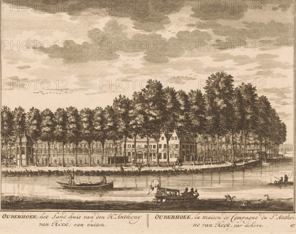 View of Ouderhoek on the Vecht, Ouderhoek, the country house of Mr. Anthony van Hoek, from the outside, the country house of Mr. Anthoine van Hoek, print, Series number, 47, printmaker: Daniël Stopendaal, publisher: widow Nicolaes Visscher (II), 1719, paper, etching, height 160 mm x width 207 mm, A monochrome etching showing a riverside scene with a dense row of tall trees behind a fence and a cluster of houses partially visible among the foliage, a small pavilion or gate structure at one end, people walking along the tree-lined path, several boats on the water including a larger ornate boat with seated figures and smaller rowboats with standing and seated occupants, a few swans or waterfowl near the shore, and a sky filled with layered clouds and small flocks of birds.