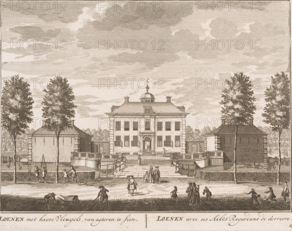 Loenen met haere Vleugels, van agteren te sien, Loenen avec ses Ailes Regardant de derriere, Gezicht op Loenen, print, Series number, 64, printmaker: Daniël Stopendaal, publisher: widow Nicolaes Visscher (II), 1719, paper, etching, height 160 mm x width 207 mm, A symmetrical stone building with a central doorway topped by a small pediment and rows of rectangular windows is flanked by matching single-story pavilions with tiled roofs, and a domed cupola with a weather vane rises above the main roof. Broad steps and balustraded terraces lead up to the entrance, where small human figures stand and ascend, while more figures walk or gather on the foreground pathway. Tall trees line both sides of the composition, rising above the pavilions, and low hedges run along the front of the terraces. The sky is filled with layered, linear cloud patterns, and small animals and a person with a wheelbarrow appear on the ground near the edge of the scene.