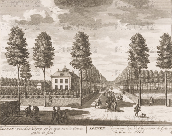 Loenen, seen from the Village on the side of the Great Lane, Loenen View of the Village towards the Côte de la Grande Allée, View of Loenen with the Great Lane, print, Series number, 65, printmaker: Daniël Stopendaal, publisher: widow Nicolaes Visscher (II), 1719, paper, etching, height 160 mm x width 207 mm, A wide engraved scene shows a tree-lined avenue receding into the distance with tall, slim trees flanking a central path. In the foreground a carriage drawn by horses travels along the road while several mounted riders and pedestrians move nearby. To the left of the avenue stands a rectangular house with a hipped roof and small cupola, set behind hedges and a fence, and a smaller outbuilding sits nearby. Figures in period clothing walk and converse along the sidewalks, one person leading a small dog, and other figures carry items or attend to the horses. The sky is filled with layered clouds rendered in fine lines, and birds appear among the clouds. The overall image is composed o...