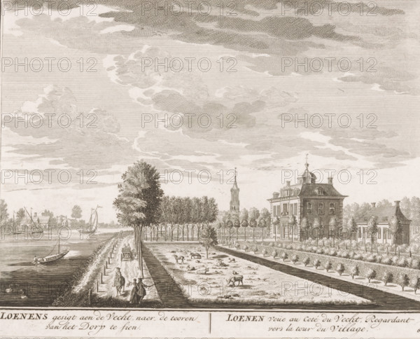 Loenens gesigt aen de Vecht, naer de tooren van het Dorp te sien, Loenen veüe au coté du Vecht, Regardant vers la tour de Village, Gezicht op Loenen aan de Vecht, print, Series number, 67, printmaker: Daniël Stopendaal, publisher: widow Nicolaes Visscher (II), 1719, paper, etching, height 161 mm x width 205 mm, A wide riverside scene rendered in fine linework showing a stretch of water with a small sailboat and a rowed boat near the bank, swans on the water, and distant buildings across the river; a tree-lined towpath runs alongside the river with people walking, a horse-drawn cart, and a pair of figures conversing near the foreground; beyond the path a fenced grassy area contains grazing sheep and cows and a person tending them; a large multi-story house with a pitched roof, dormer windows, and decorative rooftop finials stands behind a formal hedge and rows of small trees, with additional smaller houses and a church tower visible farther back; the sky is filled with layered, textured...