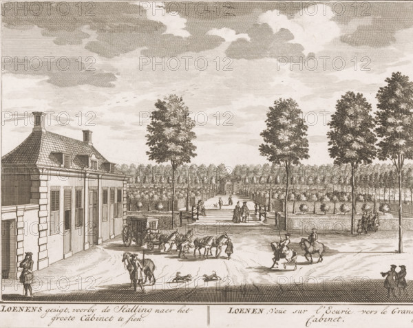 Loenens gesigt, voorby de Stalling naer het groote Cabinet te sien, Loenen, Veüe sur l'Ecurie vers le Grand Cabinet, Gezicht op de stalen van huis Loenen, print, Series number, 66, printmaker: Daniël Stopendaal, publisher: widow Nicolaes Visscher (II), 1719, Daniël Stopendaal, widow Nicolaes Visscher (II), printmaker, publisher, paper, etching, height 160 mm x width 209 mm, A wide engraving shows a formal avenue lined with tall, leafy trees leading toward a distant gated entrance, with a building featuring a tiled roof and dormer windows on the left; figures in period dress walk and converse along the avenue while others ride horses and a horse-drawn carriage waits near the building; small dogs play on the ground and additional people stand or move near fences that border a garden area with neatly arranged hedges and rows of trees; the sky above is filled with textured clouds and a few birds.