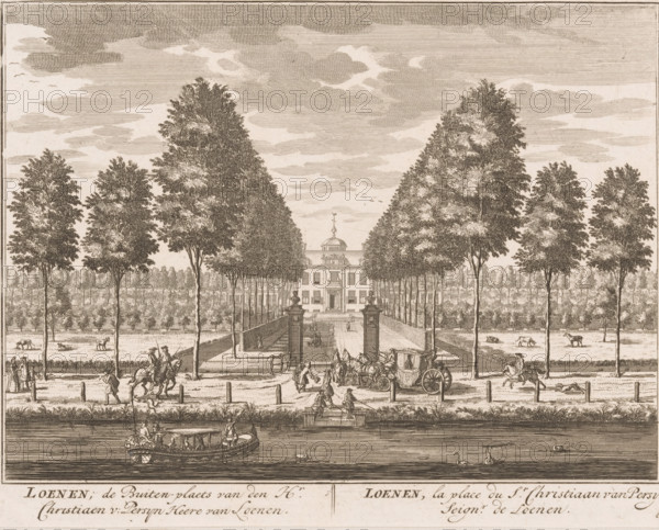 Loenen, the Country Estate of Mr. Christiaen v: Persyn Lord of Loenen, the estate of Mr. Christiaan van Persyn Lord of Loenen, View of Loenen, print, Series number, 63, printmaker: Daniël Stopendaal, publisher: widow Nicolaes Visscher (II), 1719, paper, etching, height 162 mm x width 209 mm, A symmetrical scene shows a large formal house centered at the far end of a long straight avenue lined with tall, evenly spaced trees leading toward the entrance; the house has a central pediment, a dome-like cupola with a weather vane, and a balustraded roofline flanked by rectangular windows and doors. In the foreground a wide waterway runs horizontally, with a covered boat carrying seated figures and a driver, and a few swans on the water. Between the water and the avenue a road runs parallel, populated by horse-drawn carriages, mounted riders, and people walking or standing, some near a set of steps and statues that mark the gated approach to the avenue. The grounds on either side of the avenue...