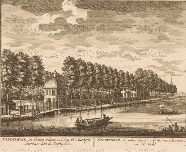 Middelhoek, the country estate of Mr. Anthony Bierens, on the Vecht side, the place of Mr. Anthoine Bierens on the Vecht, View of Middelhoek on the Vecht, print, Series number, 54, printmaker: Daniël Stopendaal, publisher: widow Nicolaes Visscher (II), 1719, paper, etching, height 160 mm x width 206 mm, A sepia-toned etching shows a riverside scene with a row of tall leafy trees lining a path and a fence along the water’s edge, in front of which stand a small domed pavilion and several rectangular buildings partially obscured by foliage, while boats with figures row and sit on the calm river, a small group of swans floats near the shore, and a distant steeple rises above the treeline under a sky filled with layered cloud formations.