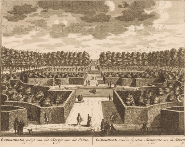 View of the garden of Ouderhoek, Ouderhoeks gesigt van het Bergje naer het Huis, Ouderhoek veüe de la petite Montagne vers la Maison, print, Series number, 51, printmaker: Daniël Stopendaal, publisher: widow Nicolaes Visscher (II), 1719, paper, etching, height 156 mm x width 201 mm, A wide engraved landscape showing a formal garden with clipped hedges forming geometric paths and compartments, stairways leading up through terraces, and a central basin of water with a small boat. Figures in period clothing walk and stand along the main avenue and terraces, some in pairs and small groups, and a few small dogs accompany them. Symmetrical rows of trees frame the middle distance, behind which a low balustrade and steps rise toward a pavilion or temple-like structure set at the center. The sky above is filled with layered, hatched cloud formations and small flocks of birds. The overall scene is rendered in fine line engraving with tonal hatching.