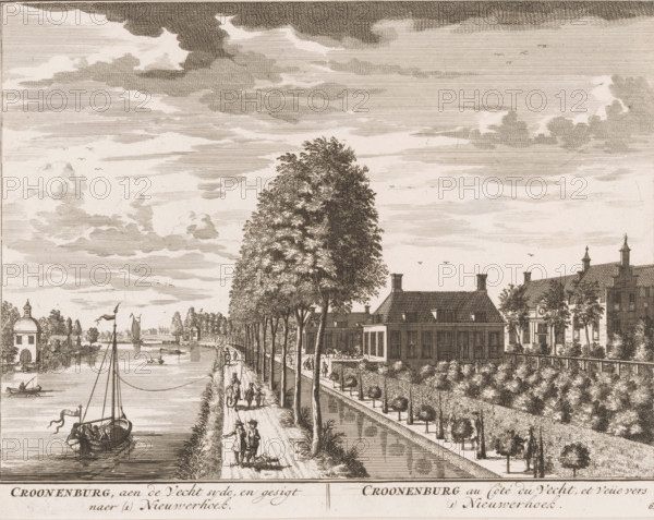 View of Kronenburg aan de Vecht, Croonenburg, aen de Vecht syde, and view after (1) Nieuwerhoek, Croonenburg au Côté du Vecht, et Veüe vers (1) Nieuwerhoek, print, Series number, 61, printmaker: Daniël Stopendaal, publisher: widow Nicolaes Visscher (II), 1719, Daniël Sstopendaal, paper, etching, height 160 mm x width 206 mm, A wide riverside scene rendered in fine monochrome engraving showing a calm waterway with several sailing boats and rowboats, a tree-lined towpath with tall leafy trees, and people walking along the path in period dress; a large building with a pitched roof and chimneys sits beside the path, surrounded by formal gardens with hedges and small clipped trees, while other multi-story buildings with gabled roofs and architectural ornamentation stand nearby; distant structures and a domed pavilion appear across the water, and the sky is filled with layered clouds and small birds.