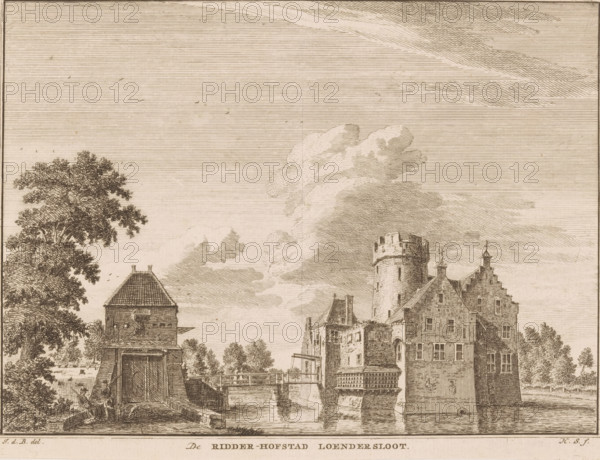 The knightly manor of Loenersloot, View of Loenersloot Castle, print, book illustration, Series number, 241-244, printmaker: Hendrik Spilman, after drawing by Jan de Beijer, publisher: Isaak Tirion, Amsterdam, 1745 - 1774, paper, etching, height 156 mm x width 205 mm, Print used in: Het verheerlykt Nederland of kabinet van hedendaagsche gezigten, Amsterdam: Isaac Tirion, 1745-1774., castle, Loenen (Utrecht), Loenersloot, Loenersloot Castle, A sepia-toned etching showing a waterside scene with a large castle-like building on the right featuring a round tower with battlements and a stepped gable attached to multi-story masonry structures with many windows, a wooden bridge or dock extending into the water in front of the buildings, and a smaller square towered structure with a pitched roof on the left beside a tall leafy tree; the sky is filled with horizontal engraved lines and billowing clouds, and small birds appear in the sky above the scene.