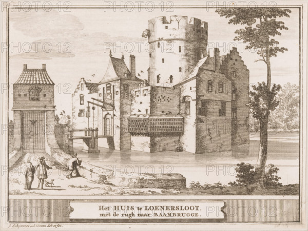 The House at Loenersloot, with its back to Baambrugge, View of Loenersloot Castle, Castles in the Netherlands, print, printmaker: Jacobus Schijnvoet, Amsterdam, publisher: Pieter de Coup, publisher: Hendrik Bosch, publisher: Johannes Marshoorn (publisher), Haarlem, publisher: Gerrit Bom, 1711 - 1774, paper, etching, height 132 mm x width 177 mm, Print included in: Smids, Ludolph. Schatkamer der Nederlandse! Antiquities, or Dictionary, comprising Dutch cities, 1711. Also appeared in the reissue of the aforementioned work in 1737 and 1774. In 1721 an edition appeared containing only the prints: Dutch antiquities, consisting of sixty images, situated in Holland, 1721., castle, Loenen (Utrecht), Loenersloot, Loenersloot Castle, A detailed monochrome etching showing a waterside scene with a large cylindrical tower connected to a complex of stepped and gabled buildings, bridges spanning a calm channel, and a fortified gatehouse with a tiled roof; fine linework depicts rectangular windows, ch...