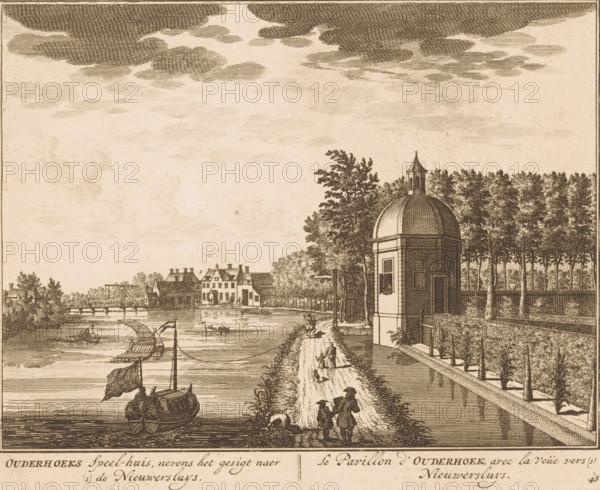 Ouderhoeks Speel-huis, nevens het gesigt naer (1) de Nieuwersluys, Le Pavillon d'Ouderhoek, avec la veüe vers (1) Nieuwersluys, Paviljoen van Ouderhoek, print, Series number, 48, printmaker: Daniël Stopendaal, publisher: widow Nicolaes Visscher (II), 1719, Daniël Stopendaal, widow Nicolaes Visscher (II), printmaker, publisher, paper, etching, height 163 mm x width 203 mm, A sepia-toned engraving showing a riverside scene with a domed pavilion and a tree-lined embankment, a narrow path beside the water where small figures walk, boats moored and afloat on the river, a distant row of houses and a bridge, reflected ripples in the water, a sky filled with stylized horizontal clouds, and decorative text along the lower border.