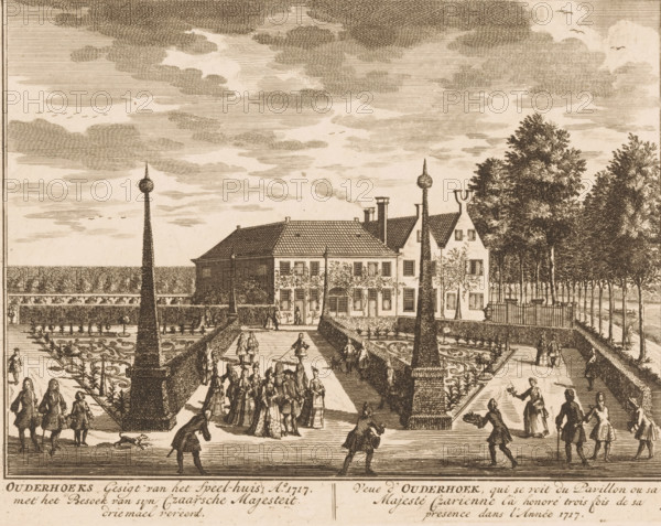 View of the garden and the house Ouderhoek during the visit of Tsar Peter the Great in 1717, Ouderhoeks Gesigt van het Speel-huis, Ao. 1717. met het Besoek van syn Tzaarsche Majesteit drie mael vereedt, Veue d'Oudershoek, qui se voit du Pavillon ou sa Majesté Czarienne la honoré trois fois de sa presence dans l'Année 1717, print, Series number, 49, printmaker: Daniël Stopendaal, publisher: widow Nicolaes Visscher (II), 1719, paper, etching, height 160 mm x width 208 mm, A sepia-toned engraved scene shows a formal garden and a large house with a tiled roof and multiple windows, flanked by tall trees on one side and hedges on the other. In the foreground a wide central pathway runs toward the house, bordered by patterned parterre beds with ornamental planting and low walls. Two tall obelisks topped with spherical finials stand along the central axis. Groups of people wearing period clothing gather and stroll along the path and around the garden; some women wear long dresses and some men ...