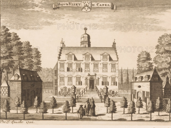 t Huys te Vliet te Capel, Huis te Vliet bij Lopikerkapel, print, View of Huis te Vliet in Lopikerkapel. An access bridge leads to the entrance. Outbuildings on the left and right. In the foreground, an elegant couple., printmaker: Daniël Stopendaal, Amsterdam, publisher: Caspar Specht, Utrecht, 1701, paper, etching, height 148 mm x width 205 mm, Print possibly from: Specht, Caspar. Het verheerlykt Utrecht toont in de gezichten der adelijke en riddermatige hofteden, in de heerlijkheid van Utrecht. Amsterdam: Reinier en Josua Ottens, sa, rural housing, eg country-house, villa, cottage, Lopik, Huis te Vliet, A detailed ink engraving of a large three-story manor with a central entrance reached by a broad set of steps flanked by urn-topped pedestals, symmetrical rows of windows with shutters and dormers on the roof, and a distinctive cupola topped with a sphere; the manor sits between two smaller gabled buildings and is set behind a formal garden with trimmed trees and hedges, a fence line ...
