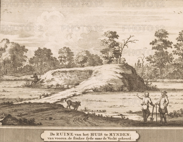 The Ruin of the house at Mynden, from the front, the left side turned towards the Vecht, View of the ruin of the house at Mijnden, print, printmaker: Jacobus Schijnvoet, Amsterdam, after drawing by Roelant Roghman, publisher: Pieter de Coup, publisher: Hendrik Bosch, publisher: Johannes Marshoorn (publisher), Haarlem, publisher: Gerrit Bom, 1711 - 1774, paper, etching, height 134 mm x width 180 mm, Print included in: Smids, Ludolph. Schatkamer der Nederlandse! Antiquities, or Dictionary, comprising Dutch cities, 1711. Also appeared in the reissue of the aforementioned work in 1737 and 1774. In 1721, an edition appeared containing only the prints: Dutch antiquities, consisting of sixty depictions, situated in Holland, 1721., landscape with ruins, Vecht, Loosdrecht, A sepia-toned landscape engraving showing a gently rolling riverside with a rocky outcrop and patches of grass, clusters of leafy trees along the horizon, and a sky filled with horizontal lines and rounded cloud forms; in the...