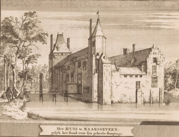 The House at Maarsseveen, as it stood before its complete demolition, View of Huis Ter Meer in Maarssen, Castles in the Netherlands, print, printmaker: Jacobus Schijnvoet, Amsterdam, after drawing by Hessel Gerritsz, publisher: Pieter de Coup, publisher: Hendrik Bosch, publisher: Johannes Marshoorn (publisher), Haarlem, publisher: Gerrit Bom, 1711 - 1774, paper, etching, height 195 mm x width 213 mm, Print included in: Smids, Ludolph. Treasury of the Dutch! Antiquities, or Dictionary, comprising Dutch cities, 1711. Also appeared in the reissue of the aforementioned work in 1737 and 1774. In 1721, an edition appeared containing only the prints: Dutch antiquities, consisting of sixty images, situated in Holland, 1721., castle, Maarssen, Huis Ter Meer, A detailed monochrome engraving of a large, fortified building beside a body of water, showing tall masonry walls, a stepped gable, pitched roofs, chimneys, and several towers including one with a conical roof topped by a small flag. A wood...