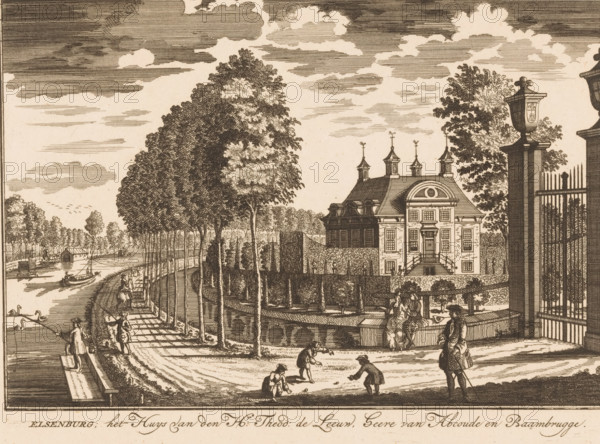 Elsenburg, the House of Mr. Theod: de Leeuw. Lord of Abcoude and Baambrugge, View of Elsenburg, print, after print by Daniël Stopendaal, publisher: Isaac Greve (possibly), 1718 - 1757, Daniël Stopendaal, printmaker, after print by, paper, etching, height 156 mm x width 206 mm, After print in: Stopendaal, Daniel. The Triumphant Vecht, showing various views of pleasure grounds, manor houses and villages, beginning from Utrecht and ending with Muyden. Amsterdam: Widow Nicolaas Visscher, 1719., rural housing, e.g. country-house, villa, cottage, Maarssen, A sepia-toned engraving shows a riverside scene with a tree-lined promenade, a formal house with a stepped entrance and decorative rooftop turrets, and a high fence with a gate and a lamp post. Figures in period clothing stand and walk along the path and by the water, with some engaged in play on a grassy area and others near a balustrade. Boats are moored and moving on the river, and swans appear in the water. Tall trees and hedges frame ...