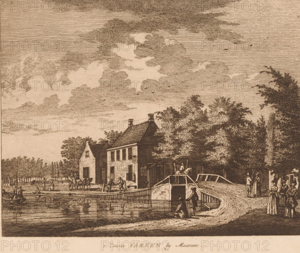 View of courthouse and inn Het Zwarte Varken, 't Zwarte Varken by Maarsen, print, Series number, 10, printmaker: Hermanus Petrus Schouten, publisher: Pierre Fouquet, publisher: Evert Maaskamp, c. 1775, Hermanus Petrus Schouten, Pierre Fouquet, Evert Maaskamp, printmaker, paper, etching, intaglio printmaking technique, etching with plate tone, height 160 mm x width 205 mm, This print first appeared in a series of twelve prints published by Pierre Fouquet junior in the second half of the eighteenth century. This series consisted of prints of: Spijk, Nieuwland, Heukelum (3x), Ensapijk, Leerdam, Deil, Gellicum, Asperen, Acquoy and Craijenstein (near Tricht). Later, these prints were used in: Gezigten van voornaame Hollandsche dorpen. Amsterdam: Evert Maaskamp, ca. 1775-1800., city-view, and landscape with man-made constructions, Maarssen, A sepia-toned etching shows a canal scene with a narrow bridge and a boat in the water, a pair of figures near the water's edge, and a person seated on t...