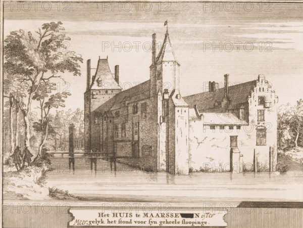 View of Huis Ter Meer in Maarssen, The House in Maarssen or Ter Meer, as it stood before its complete demolition, Castles in the Netherlands, print, View of Huis Ter Meer with modified title., inscription: 'of Ter Meer', printmaker: Jacobus Schijnvoet, Amsterdam, after drawing by Hessel Gerritsz, publisher: Pieter de Coup, publisher: Hendrik Bosch, publisher: Johannes Marshoorn (publisher), Haarlem, publisher: Gerrit Bom, 1711 - 1774, paper, etching, height 134 mm x width 174 mm, Print included in: Smids, Ludolph. Treasury of the Dutch! Antiquities, or Dictionary, comprising Dutch cities, 1711. Also appeared in the reissue of the aforementioned work in 1737 and 1774. In 1721, an edition appeared containing only the prints: Dutch antiquities, consisting of sixty images, situated in Holland, 1721., castle, Maarssen, Huis Ter Meer, A sepia-toned engraving of a riverside scene showing a large stone building with steep tiled roofs, stepped gables, chimneys, and a tall conical tower with a f...