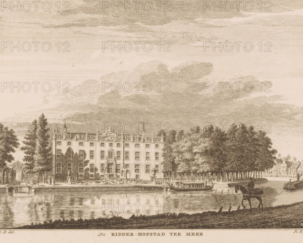 View of Huis Ter Meer, De Ridder-Hofstad Ter Meer, print, book illustration, Series number, 245-248, printmaker: Hendrik Spilman, after drawing by Jan de Beijer, publisher: Isaak Tirion, Amsterdam, 1745 - 1774, paper, etching, height 157 mm x width 203 mm, Huis Ter Meer is also called Zuylenburg or Slot te Maarssen. Print used in: Het verheerlykt Nederland of kabinet van hedendaagsche gezigten, Amsterdam: Isaac Tirion, 1745-1774., river, castle, Maarssen, Vecht, Huis Ter Meer, A detailed etching of a large multi-story mansion with ornate rooftop balustrades and sculptural decorations, framed by rows of tall trees on either side, sits behind a manicured front area with fountains and statues; a calm body of water reflects the building and trees, with boats moored along the bank, and a horse standing at the water’s edge in the foreground; the sky is filled with layered, hatched clouds.