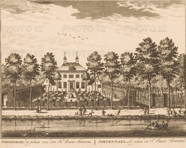 Soetendael, the place of Mr. Isaac Simons, View of country estate Soetendael, print, Series number, 15, printmaker: Daniël Stopendaal, publisher: widow Nicolaes Visscher (II), 1719, paper, etching, height 160 mm x width 205 mm, A wide engraved scene shows a large symmetrical house with a pitched roof and two small towers topped with flags, set behind a formal garden with geometric paths and clipped shrubs, the house flanked by two smaller gabled structures and partially enclosed by tall trees and hedges; a high fence or wall runs along the front of the property where small groups of people walk and a few figures tend animals or pull a cart, a river occupies the foreground with a small rowboat carrying several people and waterfowl gliding on the surface, and the sky above contains scattered clouds and a flight of birds.