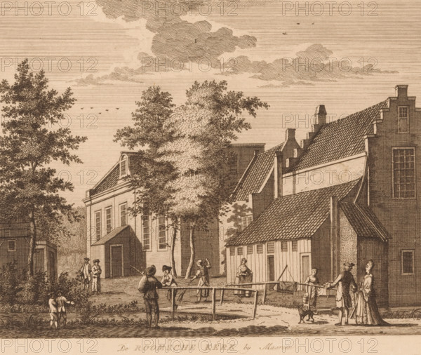 View of the Roman Catholic Church in Maarssen, The Roman Catholic Church by Maarsen, print, Series number, 8, printmaker: Hermanus Petrus Schouten, publisher: Pierre Fouquet, publisher: Evert Maaskamp, c. 1775, paper, etching, intaglio printmaking technique, etching with plate tone, height 160 mm x width 205 mm, This print first appeared in a series of twelve prints published by Pierre Fouquet junior in the second half of the eighteenth century. This series consisted of prints of: Spijk, Nieuwland, Heukelum (3x), Ensapijk, Leerdam, Deil, Gellicum, Asperen, Acquoy and Craijenstein (near Tricht). Later, these prints were used in: Views of prominent Dutch villages. Amsterdam: Evert Maaskamp, ca. 1775-1800., city-view, and landscape with man-made constructions, Roman Catholic Church, Maarssen, A sepia-toned engraving showing a street scene with tall trees and clouds overhead, rows of stepped-roof buildings with tiled roofs and windows, and several small figures engaged in activities on the...