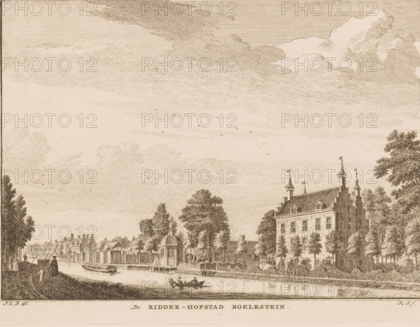 View of the Bolenstein house on the Vecht, De Ridder-Hofstad Boelestein, print, book illustration, Series number, 211-214, printmaker: Hendrik Spilman, after drawing by Jan de Beijer, publisher: Isaak Tirion, Amsterdam, 1745 - 1774, paper, etching, height 158 mm x width 207 mm, Print used in: Het verheerlykt Nederland or cabinet of contemporary sights, Amsterdam: Isaac Tirion, 1745-1774., river, castle, Maarssen, Vecht, A detailed ink drawing shows a riverside scene with a large multi-story building on the right, featuring a steep roof, dormer windows, ornate gables, and small spires with flags; trees of varying sizes surround the building and line the riverbank. Boats float on the calm river, including a small rowboat with figures and larger vessels moored along the opposite bank. A domed pavilion stands near the water among trees and fences, and smaller houses and structures extend into the distance along the far shore. Figures appear on the riverbank and on paths, some near the wate...
