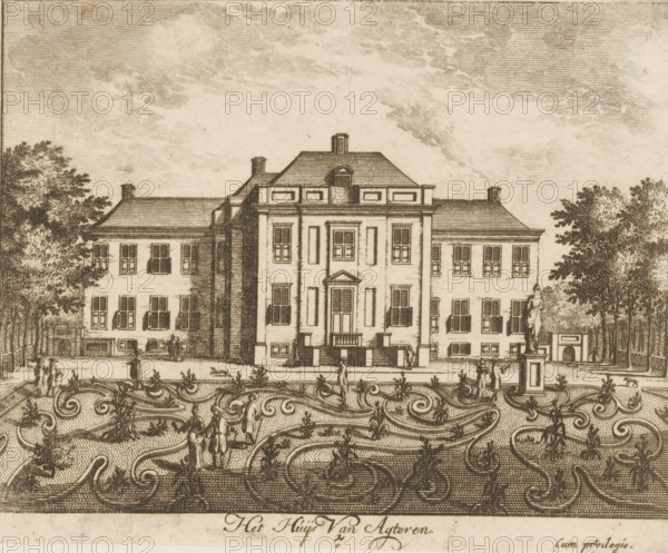 View of the rear of Soestdijk Palace, Het huijs van backteren, print, book illustration, Series number, 2, 16, printmaker: Gerard Valck, Amsterdam, 1695, paper, etching, engraving, height 130 mm x width 158 mm, A detailed ink drawing of a large symmetrical mansion with a central entrance flanked by columns and multiple windows, a pitched roof with chimneys and a small dormer, and two lower wings extending to each side; manicured parterre gardens with intricate scrolling patterns occupy the foreground, with small groups of people walking and standing along paths; a raised statue on a plinth stands near the right side of the building; rows of trees frame the scene on both sides and a textured sky fills the upper area.