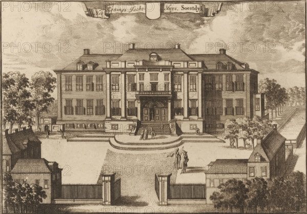 View of Soestdijk Palace, The King's Hunting Lodge Soestdyk, print, book illustration, after drawing by Caspar Specht, publisher: Joachim Ottens, Amsterdam, after 1710, Caspar Specht, Joachim Ottens, printmaker, after drawing by, publisher, paper, etching, engraving, height 150 mm x width 214 mm, A detailed engraving of a large symmetrical manor with a central entrance framed by columns and a wide set of steps leading to double doors, flanked by two projecting wings with rows of shuttered windows and dormers on the roof. A rounded terrace sits in front of the entrance where several small groups of people stand and converse. Foreground elements include a gated driveway with tall fence posts and low pavilions on either side, and rooftops of nearby buildings. Trees line the sides and rear of the estate, and a canal or long water feature runs along one side behind a row of trees. The sky is filled with finely hatched clouds.