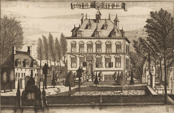 View of Huis Oudegein in Nieuwegein, Oude Geyn by Jutphaes, print, book illustration, after drawing by Caspar Specht, publisher: Joachim Ottens, Amsterdam, after 1710, printmaker, paper, etching, engraving, height 148 mm x width 222 mm, A detailed sepia-toned engraving shows a large three-story house with a steep, multi-gabled roof and several dormer windows, flanked by tall trees and smaller buildings; the main facade features tall arched windows, a central doorway with decorative stonework above it, and a small balcony; in front of the house are manicured hedges, potted trees on short pedestals, a balustraded stair, a fence with ornate scrollwork, and a garden area with a walking figure and a small dog; additional architectural elements include chimneys, towers, and gateposts topped with sculptural forms, while birds are depicted in the sky and fine horizontal lines indicate the background atmosphere.