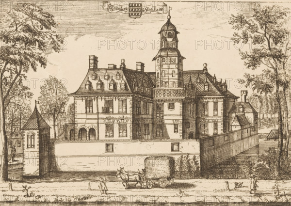 View of Plettenburg Castle near Jutphaas, Plettenburg in Jutphaes, print, book illustration, after drawing by Caspar Specht, publisher: Joachim Ottens, Amsterdam, after 1710, printmaker, paper, etching, engraving, height 149 mm x width 215 mm, A detailed ink drawing of a large multi-story building with steep roofs, dormer windows, chimneys, and a central tower topped with a dome and flag, framed by tall trees on both sides; a high wall runs along the front of the building with a wagon drawn by two horses and covered by a large rectangular load moving along the road outside, accompanied by a standing figure nearby and another figure walking with a small dog, while architectural details like arched openings, balustrades, and small pavilions appear along the perimeter.