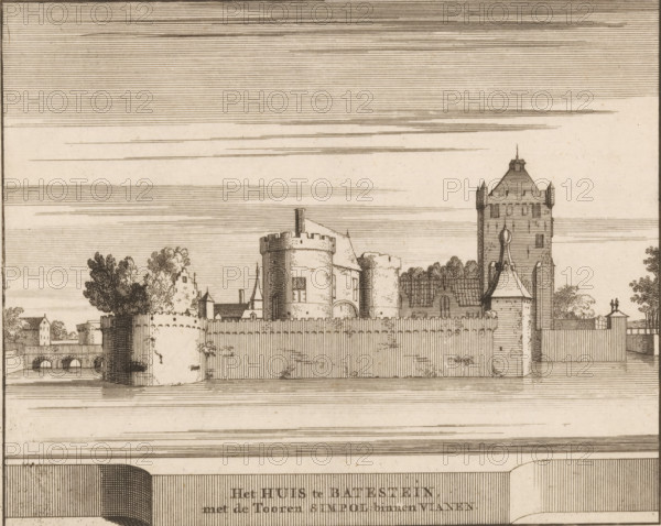 The house at Batestein with the Simpol tower, within Vianen, View of Batestein Castle in Vianen, print, book illustration, printmaker: Jacobus Schijnvoet, publisher: Pieter de Coup, Amsterdam, 1711, paper, etching, height 195 mm x width 215 mm, A wide horizontal ink drawing of a fortified riverside scene showing a high wooden palisade and stone walls with round towers and battlements, a tall square tower with a pitched roof and corner turrets, smaller buildings with steep roofs and chimneys clustered behind the walls, leafy trees rising above the fortifications, an arched bridge crossing water at the left edge, and a calm expanse of sky rendered with many parallel horizontal lines.