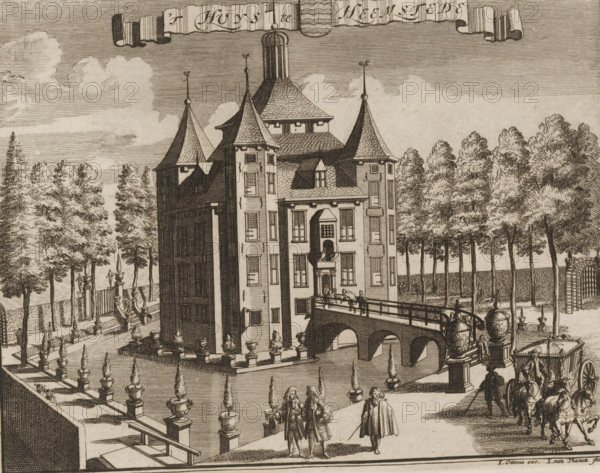 t Huys te Heemstede, View of Heemstede Castle, print, book illustration, after drawing by Caspar Specht, publisher: Joachim Ottens, Amsterdam, after 1710, printmaker, paper, etching, engraving, height 156 mm x width 201 mm, A detailed etching shows a large multi-storied building with steep tiled roofs and tall pointed turrets, a bridge with archways leading to an entrance, rows of trees lining the grounds, sculpted garden urns on plinths and formal pathways, several small groups of people dressed in period clothing walking or standing, a horse-drawn carriage with driver and passengers, ornamental fence elements and gateposts, a sky with lined shading and clouds, and decorative banners along the top edge.