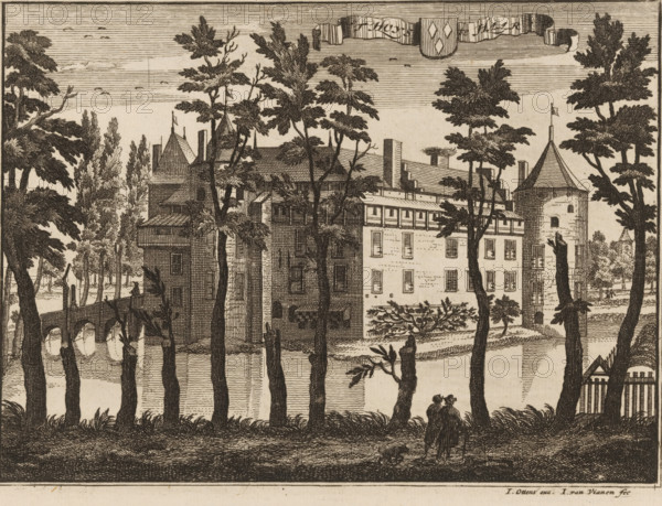 t Huys te Haar, View of De Haar Castle in Haarzuilens, print, book illustration, printmaker: Jan van Vianen, after drawing by Caspar Specht, publisher: Joachim Ottens, Amsterdam, after 1710, paper, etching, engraving, height 150 mm x width 202 mm, A detailed black and white etching shows a waterside scene with tall trees in the foreground partially obscuring buildings behind them, a stone bridge with arches crossing the water on the left, and a large multi-story building with pitched roofs, chimneys, and a round tower topped by a conical roof on the right; two small figures walk together along the riverbank near the bottom center with a small animal at their feet, and a ribbon-like decorative cartouche stretches across the top of the image.