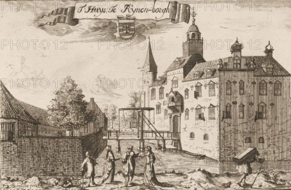 t Huys te Rynen-borgh, View of Rijnenburg Castle, print, book illustration, printmaker: Jan Broedelet, after drawing by Caspar Specht, Amsterdam, 1698, paper, etching, engraving, height 134 mm x width 203 mm, A detailed ink drawing shows a riverside scene with tall brick and timber buildings, gabled roofs, and a tower with a domed cupola; a wooden bridge structure spans the water and a small boat is moored alongside the quay; several figures in period dress walk and converse on the foreground path while one figure carries a large rectangular load on their back; a stone wall and a leafy tree sit to the left and clouds fill the sky above.