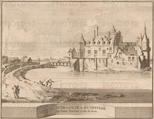 View of Duurstede Castle in Wijk bij Duurstede, The house of Wyk te Duurstede seen on its left side, print, book illustration, printmaker: Jacobus Schijnvoet, publisher: Pieter de Coup, Amsterdam, 1711, paper, etching, height 138 mm x width 177 mm, A wide riverside scene rendered in fine linework showing a large stone building with battlements, towers, chimneys, steeply pitched roofs with dormer windows, and a round corner turret on the right, positioned at the water’s edge with its base extending into the river; a wooden bridge and smaller structures sit farther back along the shoreline to the left of the main building, with a distant cluster of trees and a low wall or embankment curving along the riverbank; in the foreground figures walk and fish along a sandy shore, some standing together and others handling long fishing poles, while the water reflects horizontal line shading and the sky is filled with parallel hatching and soft cloud shapes.