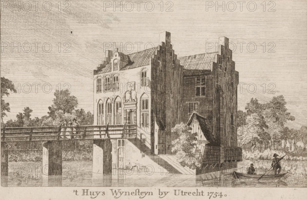 t Huys Wynesteyn by Utrecht 1754, View of Wijnestein Castle near Jutphaas, print, 1754, printmaker, paper, etching, height 142 mm x width 217 mm, landscape with tower or castle, castle, Nieuwegein, Wijnestein Castle, Period, A detailed ink drawing of a riverside scene showing a large stepped-gable building with tall arched windows and a decorative entrance, connected to a wooden bridge that spans the water and rests on solid piers. Two figures stand on the bridge, and a small boat with a standing oarsman and a seated passenger moves near the building. Trees and foliage frame the background on both sides, and the sky is filled with fine horizontal and diagonal line shading. The water reflects vertical and horizontal line work beneath the bridge and building.