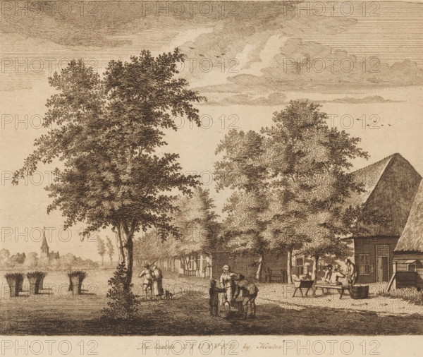 View of the Inn De Laatste Stuiver in Houten, De laatste Stuyver near Houten, print, publisher: Pierre Fouquet, Amsterdam, publisher: Evert Maaskamp, 1753 - 1800, printmaker, paper, etching, engraving, height 162 mm x width 205 mm, This print first appeared in a series of twelve prints published by Pierre Fouquet junior in the second half of the eighteenth century. This series consisted of prints of: Slot Zuylen (2x), the village of Maarssen (3x), Deil, De Laatste Stuiver near Houten, Het Zwarte Varken near Maarsseveen, Oud Rome near Haarlem, Overveen, Zoelen and the Hommelbrug near Oudenrijn. Later these prints were used in: Views of prominent Dutch villages. Amsterdam: Evert Maaskamp, ca. 1775-1800., church (exterior), hotel, hostelry, inn, Houten, A sepia-toned etching showing a riverside scene with tall leafy trees occupying much of the foreground, a thatched-roof house at the right edge, and a small village with a church steeple visible in the distant left background; several figu...