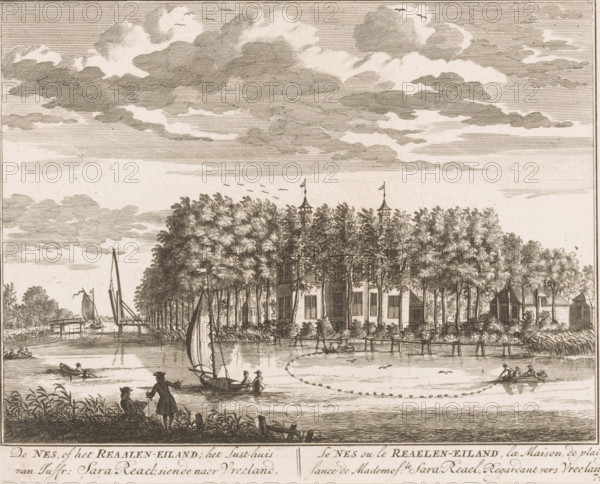 De Nes, or the Reaalen Island, the pleasure house of Miss Sara Reael, looking towards Vreeland, Le Nes ou le Reaelen-eiland, la maison de plaisance de mademos.le Sara Reael, regardant vers Vreeland, View of De Nes or Realen Island on the Vecht, print, book illustration, Series number, 74, 98, printmaker: Daniël Stopendaal, publisher: widow Nicolaes Visscher (II), Amsterdam, 1719, paper, etching, engraving, height 163 mm x width 204 mm, A detailed sepia-toned engraving showing a riverside scene with tall trees densely lining the far bank and partially obscuring a large building with rooftowers topped by small flags, several boats with sails and oars on the water, figures in small rowboats and standing along the near shore, a pair of people in conversation at the water’s edge, a low wooden pier or bridge extending into the river, and a sky filled with layered clouds and a few birds.