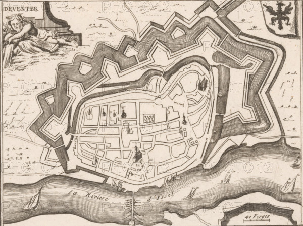 Fortification map of Deventer, Deventer, area plan, print, Top left a river god. Top right the city coat of arms., c. 1650 - c. 1700, printmaker, paper, etching, height 156 mm x width 199 mm, maps of cities, fortified city, An engraved plan of a fortified town with concentric star-shaped ramparts and moats, streets and blocks drawn inside the walls, several church steeples and small building outlines marked within the urban grid, boats and ships shown on a wide river at the bottom edge with flowing ripple lines, a small cluster of masts or piles projecting into the river, a reclining allegorical figure in the upper left resting beside an architectural element, and a heraldic eagle on a shield in the upper right.