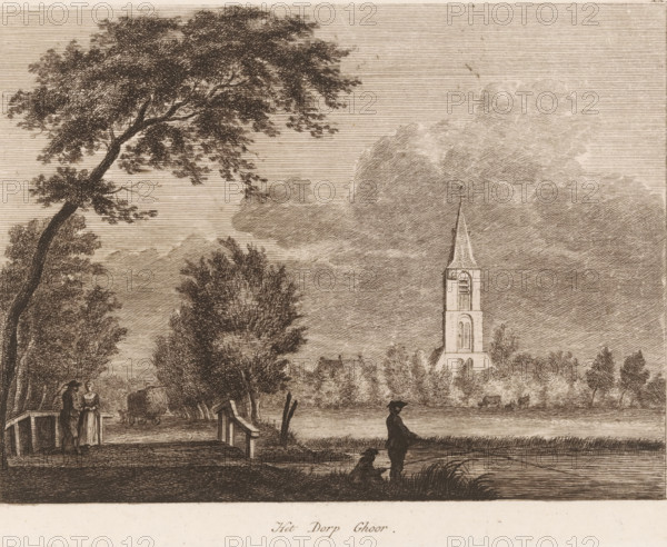 The Village of Ghoor, Village View in Goor, print, Series number, 12, Numbered top right: 12., c. 1770 - c. 1800, printmaker, paper, etching, intaglio printmaking technique, etching with plate tone in brown, height 160 mm x width 212 mm, angling, church (exterior), village (city(-scape) with figures, staffage), Goor, A sepia-toned etching shows a riverside scene with a tall church tower rising above trees on the far bank, its spire and arched openings visible against a sky filled with layered clouds. In the foreground a figure stands at the water's edge with a dog nearby, while along the left bank a tree with a leaning trunk and dense foliage stretches across the upper area. A small footbridge and a pair of people stand near its entrance, and trees and shrubs fill the middle ground with a hay wagon visible among them. Cattle graze in the distant field, and horizontal line work textures the sky and water throughout the image.