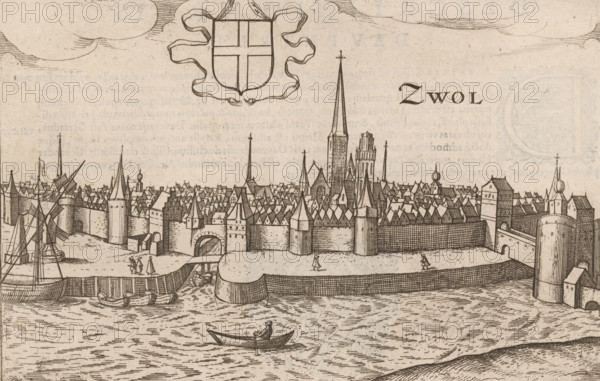 Zwol, View of Zwolle from across the Zwarte Water, print, book illustration, inscription: 'renowned trading city in the province of Overijssel', publisher: Jan Jansz., Arnhem, 1616, printmaker, paper, etching, letterpress printing, with text in letterpress on verso, height 141 mm, width 201 mm, A detailed ink drawing of a walled city seen from across a body of water, showing stone walls with multiple towers and gatehouses, densely packed steeply pitched roofs and church spires rising above the skyline, a tall central spire and other ornate steeples, a fortified waterfront with rounded bulwarks and docks, several sailing ships moored near the walls with masts and rigging, small rowboats in the water including one with a seated figure holding an oar, a few tiny human figures walking along the quay, a large decorative shield and flowing ribbon motif in the sky, and lightly sketched clouds above.